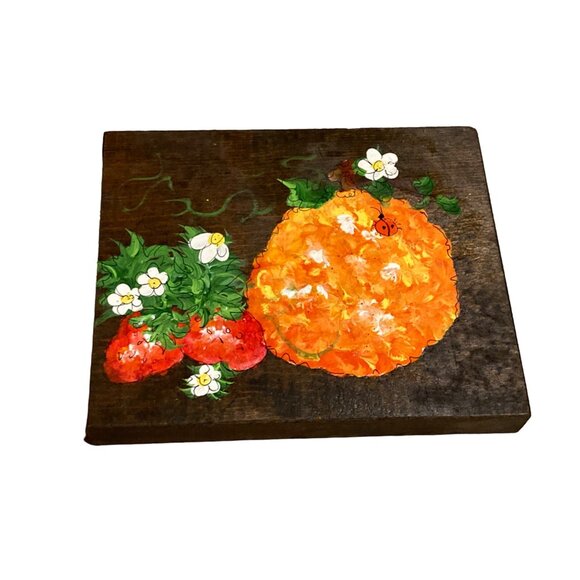 Hand-Painted Wooden Plaque With Orange & Strawberry Design #TN-3 - Picture 1 of 6